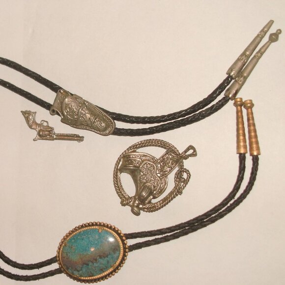 SET 4 Fashion Western Bolo Tie ~ Saddle ~ Holster ~ Gun ~ Faux Turquoise Stone - Picture 3 of 6